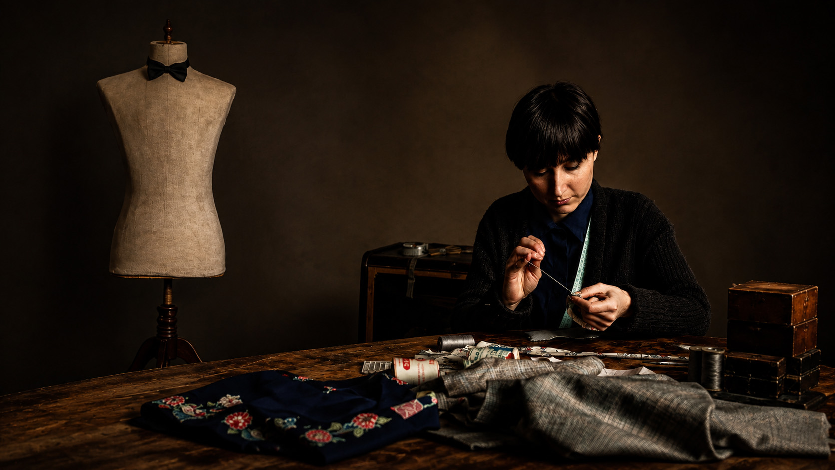 Angela realizza a mano un papillon Shibusa in seta giapponese nell’atelier Banderari