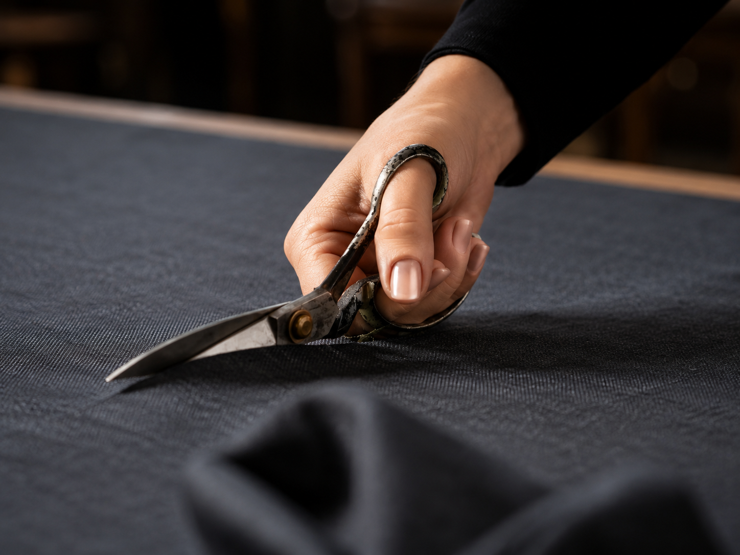 Le mani di Angela durante la lavorazione artigianale di un accessorio Banderari