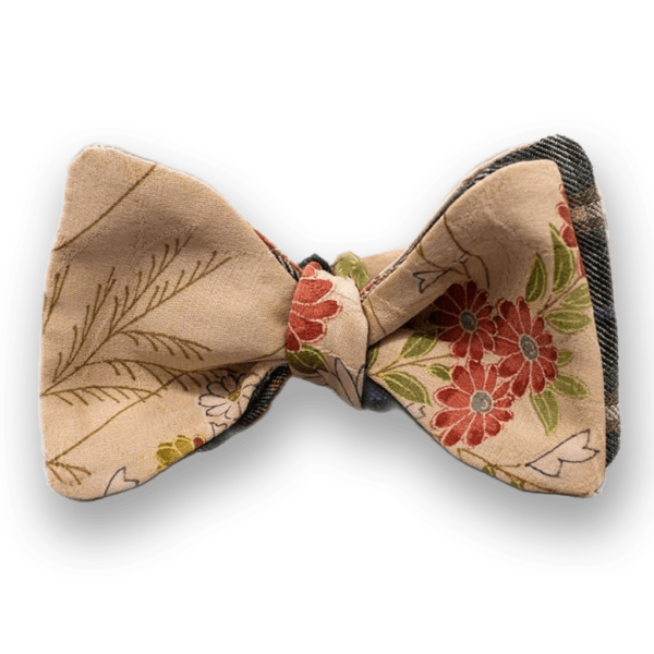 Men’s beige floral selftie bow tie made from a vintage kimono. Bow tie red and green flowers from groom boho naturalistic