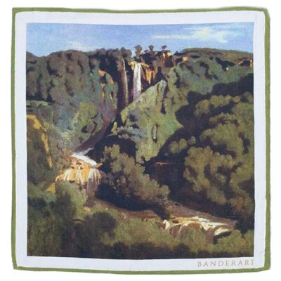 Fazzoletto da taschino in seta ispirato dall'opera di Jean-Baptiste-Camille Corot "La cascata delle Marmore". Fazzoletto da giacca orlata a mano Made in Italy.