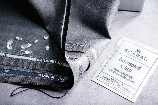 A detail of the Scabal Diamond Chip fabric and its label, used to make the Banderari Casanova bow tie