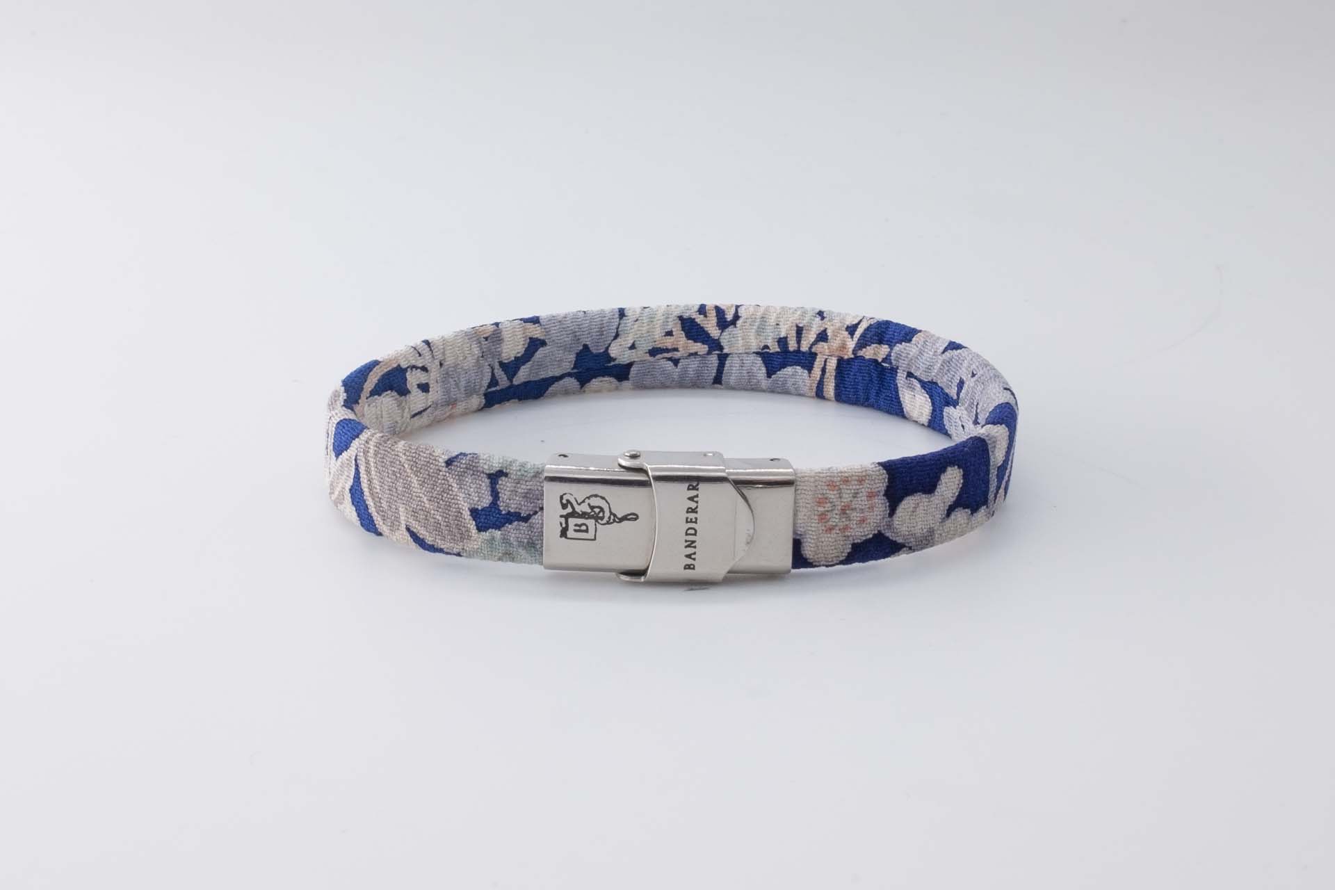 Bracelet B Band Shibusa made with an exclusive Japanese silk blue floral patterned sakura cherry pink