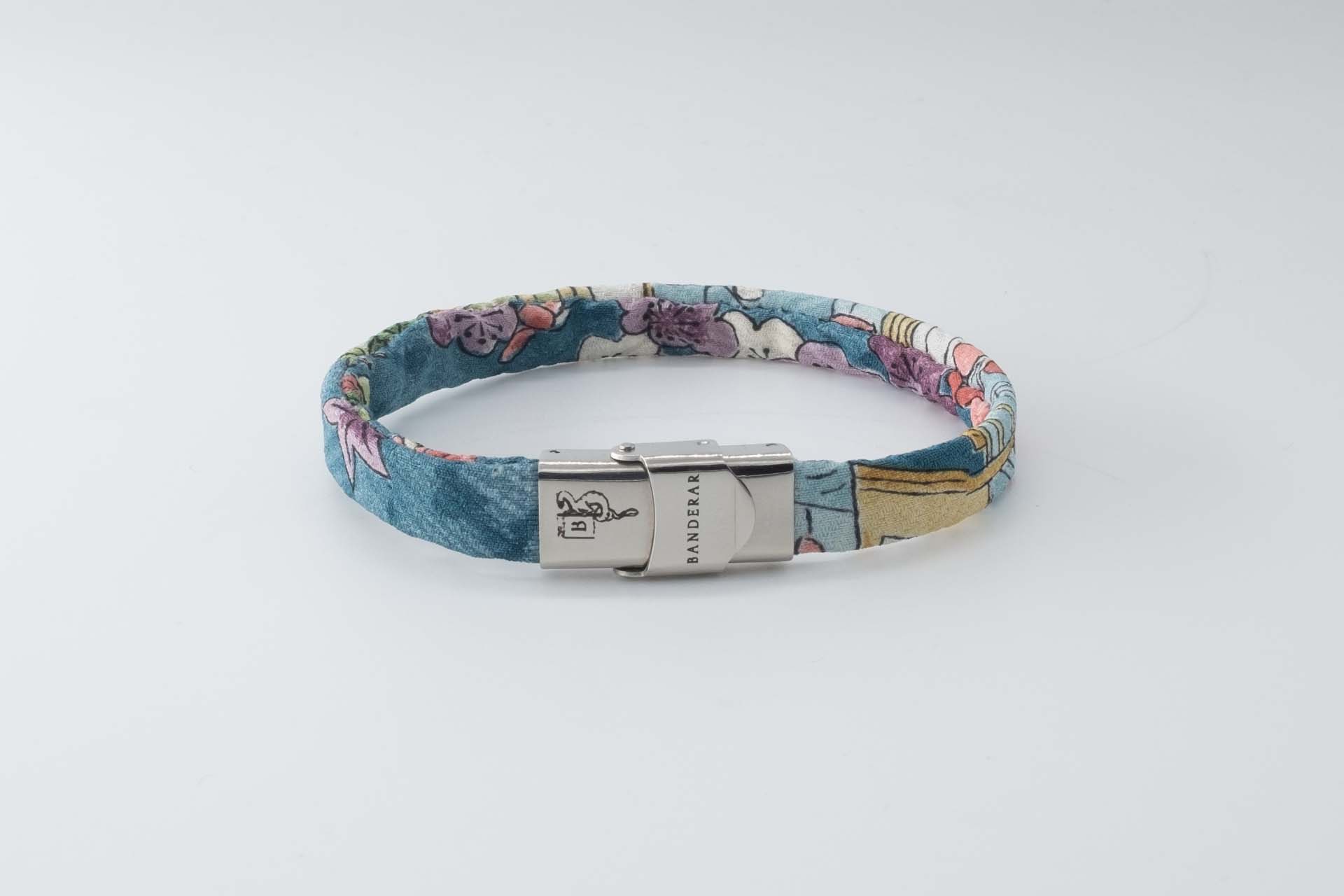 Shibusa B Band Bracelet made with an exclusive blue Japanese silk floral pattern and Japan scenes