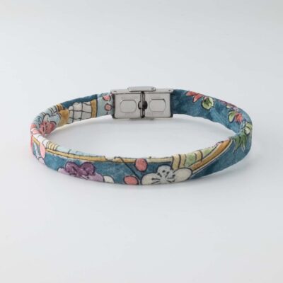 Shibusa B Band Bracelet made with an exclusive blue Japanese silk floral pattern and Japan scenes