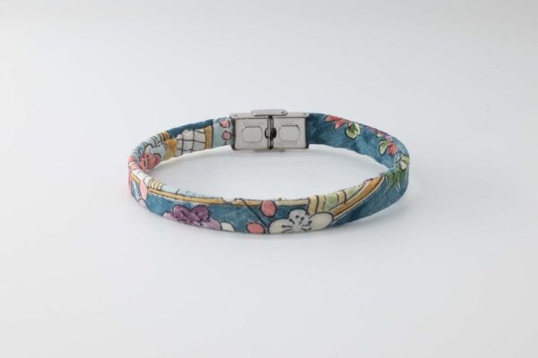 Shibusa B Band Bracelet made with an exclusive blue Japanese silk floral pattern and Japan scenes