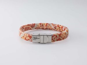 Shibusa B Band Bracelet made with an exclusive Japanese orange silk arabesque floral green and gray mustard