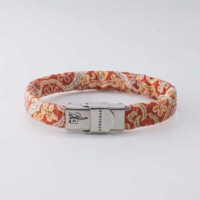 Shibusa B Band Bracelet made with an exclusive Japanese orange silk arabesque floral green and gray mustard