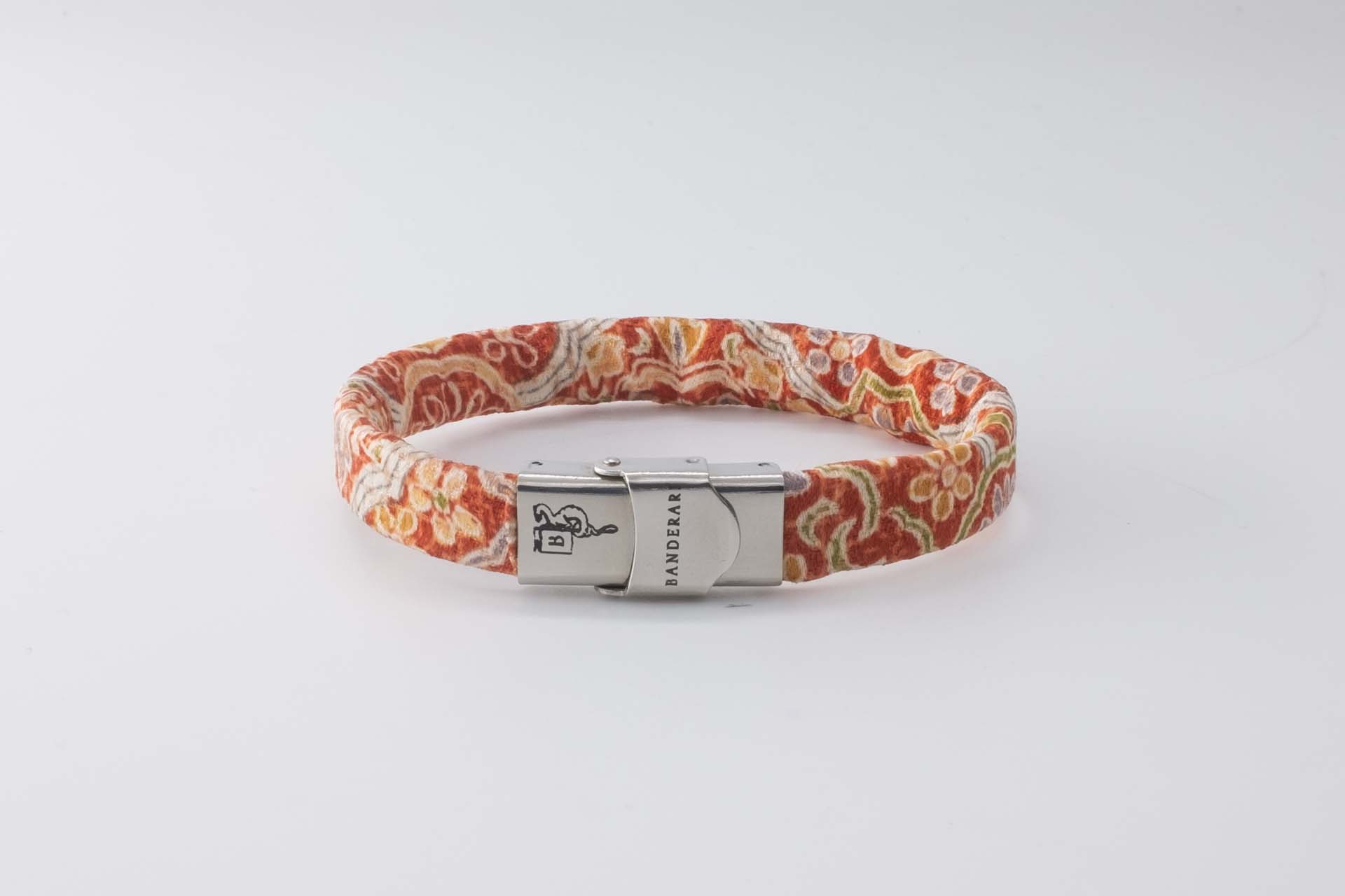 Shibusa B Band Bracelet made with an exclusive Japanese orange silk arabesque floral green and gray mustard