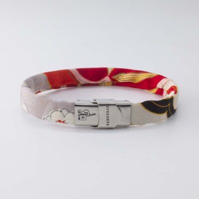 Shibusa B Band Bracelet made with an exclusive red arabesque Japanese silk floral gold black and gray