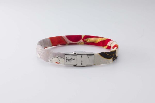 Shibusa B Band Bracelet made with an exclusive red arabesque Japanese silk floral gold black and gray