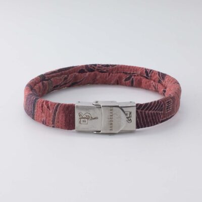 Braccialetto B Band Shibusa realizzato con una esclusiva seta giapponese rosso paesaggio con fiume e canneto oro e bordeaux