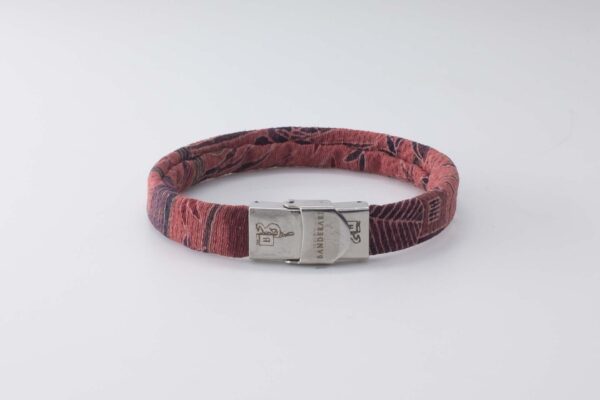 Braccialetto B Band Shibusa realizzato con una esclusiva seta giapponese rosso paesaggio con fiume e canneto oro e bordeaux