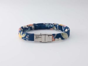 Shibusa B Band Bracelet made with an exclusive Japanese blue silk floral sakura cherry pink blue yellow and green