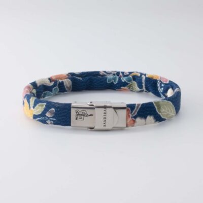 Shibusa B Band Bracelet made with an exclusive Japanese blue silk floral sakura cherry pink blue yellow and green