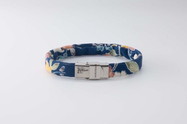 Shibusa B Band Bracelet made with an exclusive Japanese blue silk floral sakura cherry pink blue yellow and green