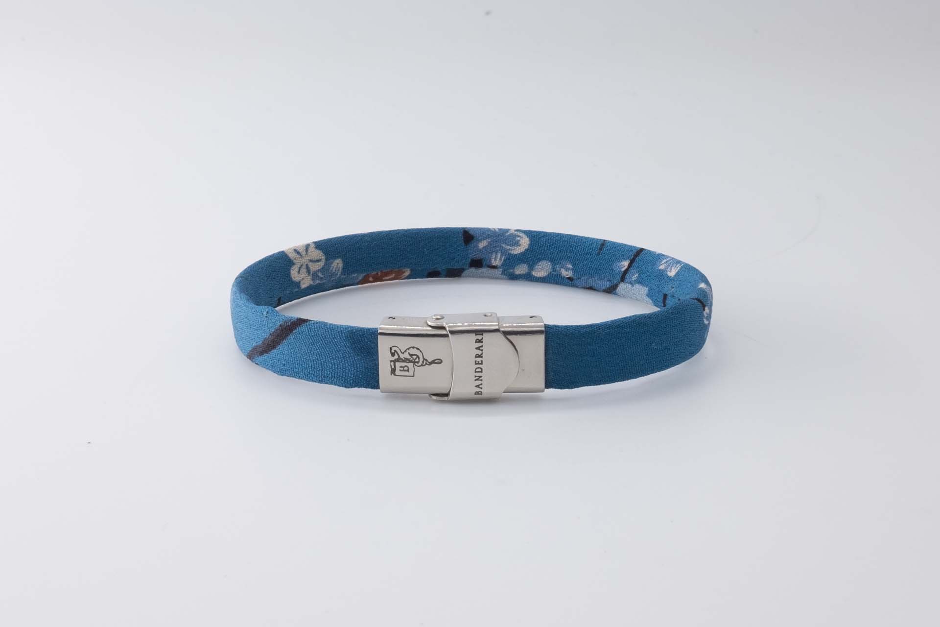 Shibusa B Band Bracelet made with an exclusive blue Japanese silk floral sakura cherry orange blue and yellow