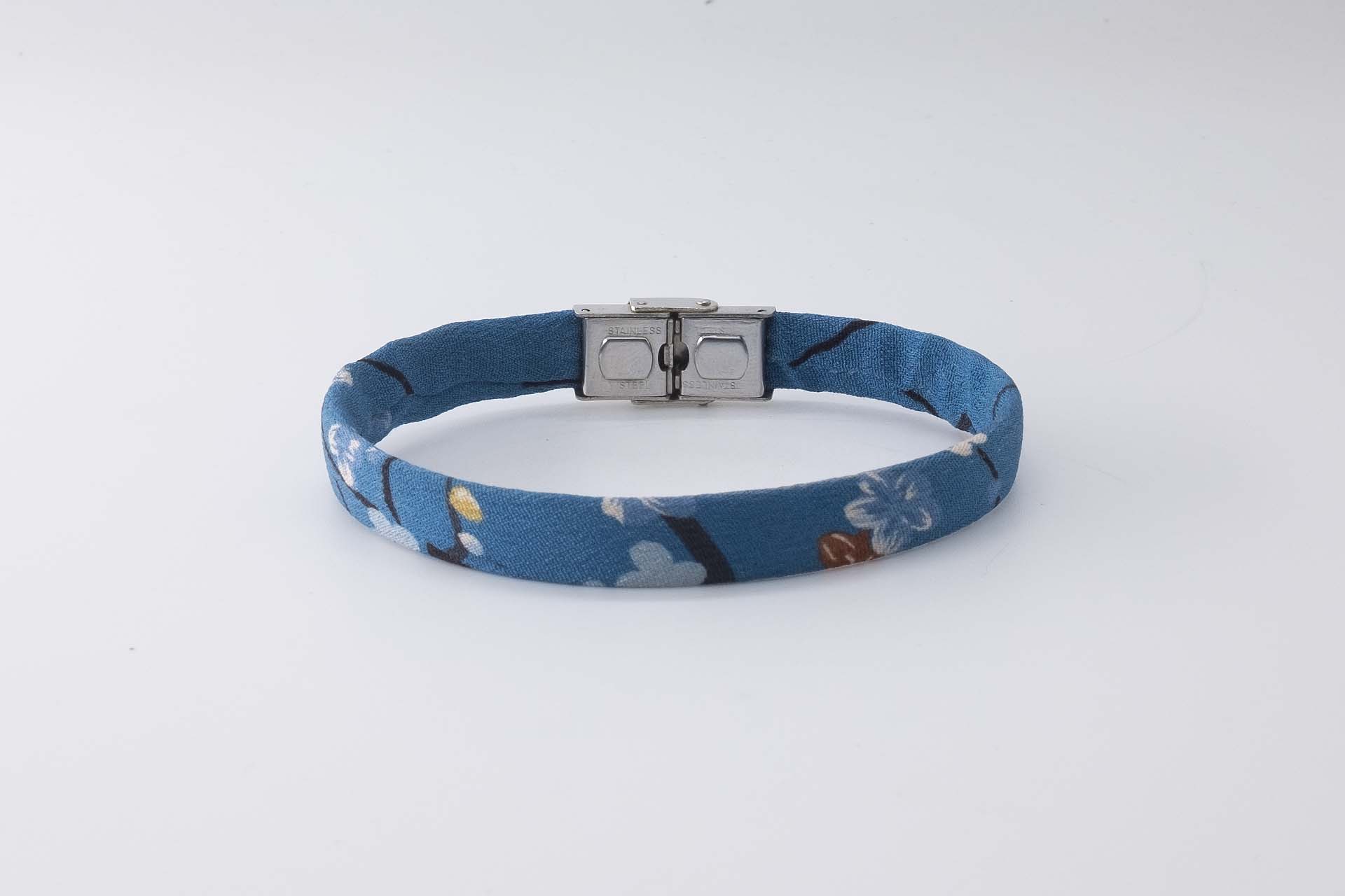 Shibusa B Band Bracelet made with an exclusive blue Japanese silk floral sakura cherry orange blue and yellow