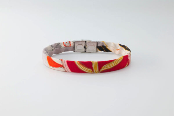 Shibusa B Band Bracelet made with an exclusive red arabesque Japanese silk floral gold black and gray