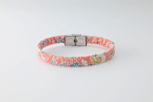 Shibusa B Band Bracelet made with an exclusive pink Japanese silk floral colored mustard gray red green