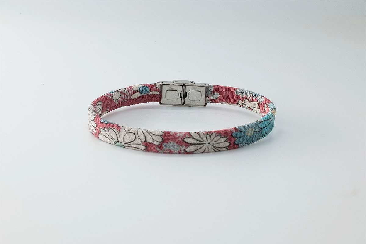 Shibusa B Band Bracelet made with an exclusive red Japanese silk floral pattern white and blue