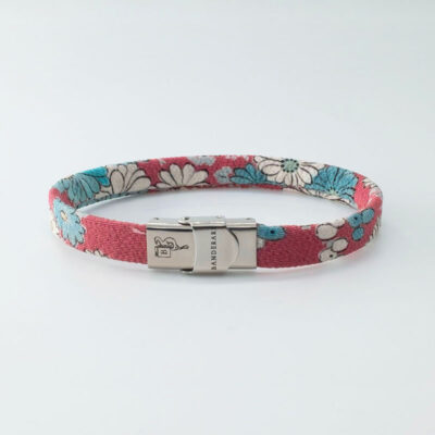 Shibusa B Band Bracelet made with an exclusive red Japanese silk floral pattern white and blue