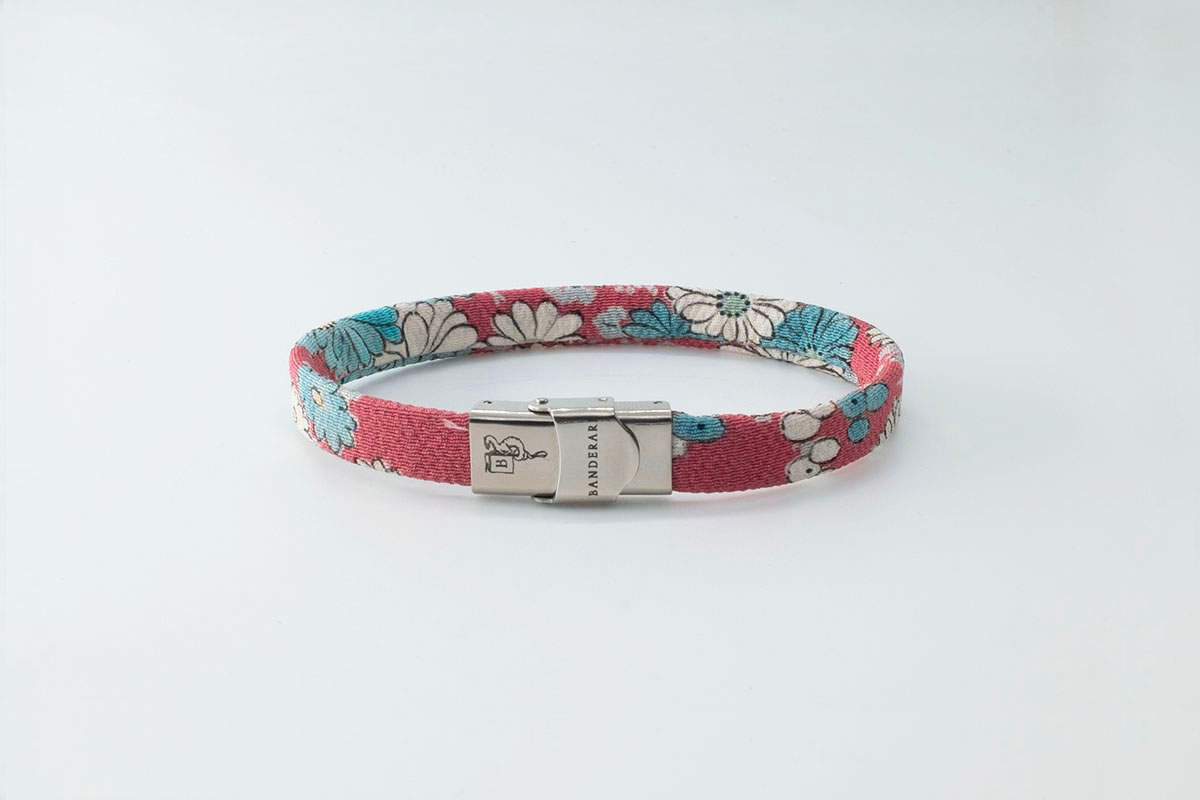 Shibusa B Band Bracelet made with an exclusive red Japanese silk floral pattern white and blue