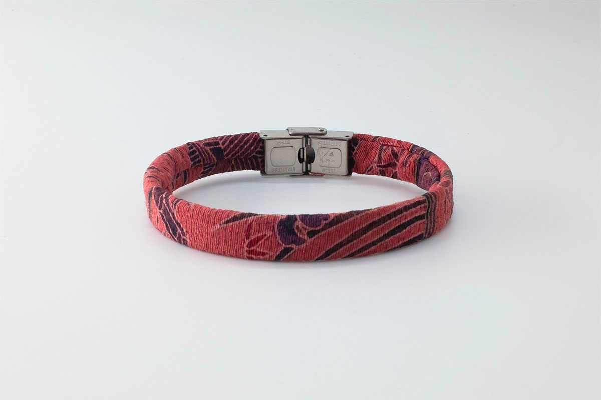 B Band Shibusa Bracelet made with an exclusive Japanese red landscape silk with river and gold and burgundy reeds