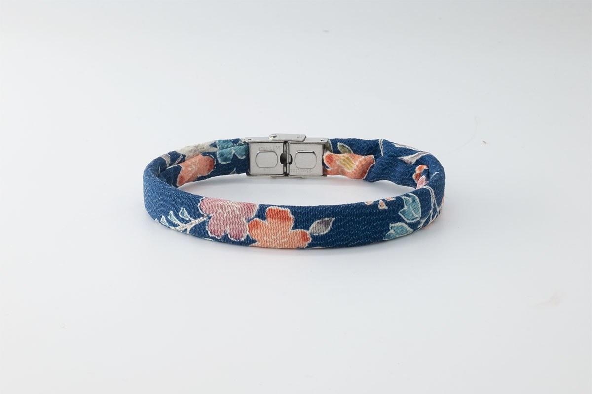 Shibusa B Band Bracelet made with an exclusive Japanese blue silk floral sakura cherry pink blue yellow and green