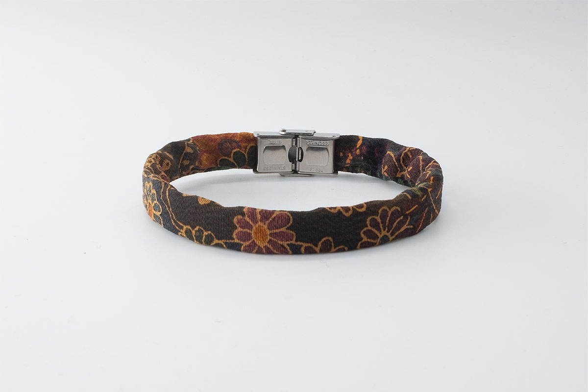 Bracelet B Band Shibusa made with an exclusive Japanese silk floral daisies orange burgundy green mustard