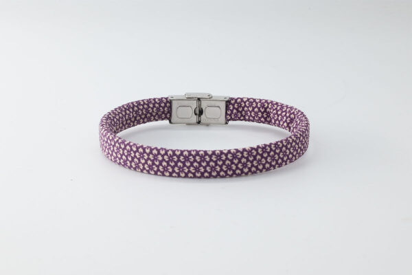 Shibusa B Band Bracelet made with an exclusive Japanese silk floral patterned stylized purple and white