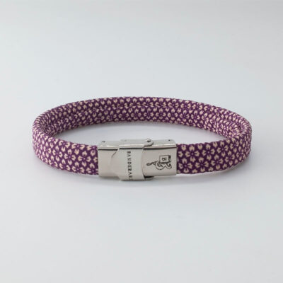 Shibusa B Band Bracelet made with an exclusive Japanese silk floral patterned stylized purple and white