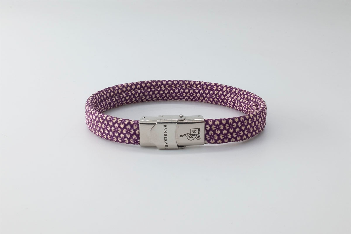 Shibusa B Band Bracelet made with an exclusive Japanese silk floral patterned stylized purple and white