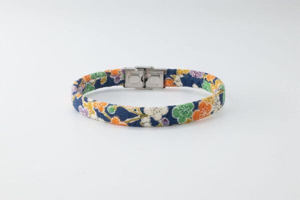 Shibusa B Band Bracelet made with an exclusive Japanese silk blue floral pattern flowers white green orange yellow mustard