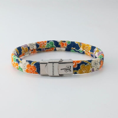 Shibusa B Band Bracelet made with an exclusive Japanese silk blue floral pattern flowers white green orange yellow mustard