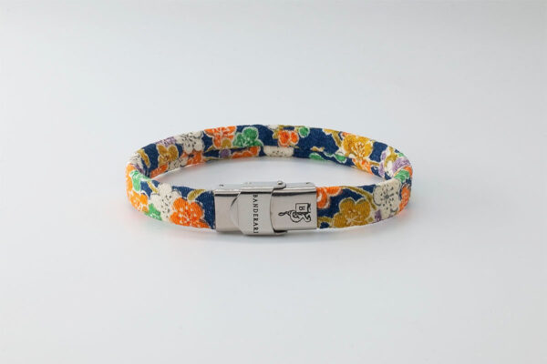 Shibusa B Band Bracelet made with an exclusive Japanese silk blue floral pattern flowers white green orange yellow mustard