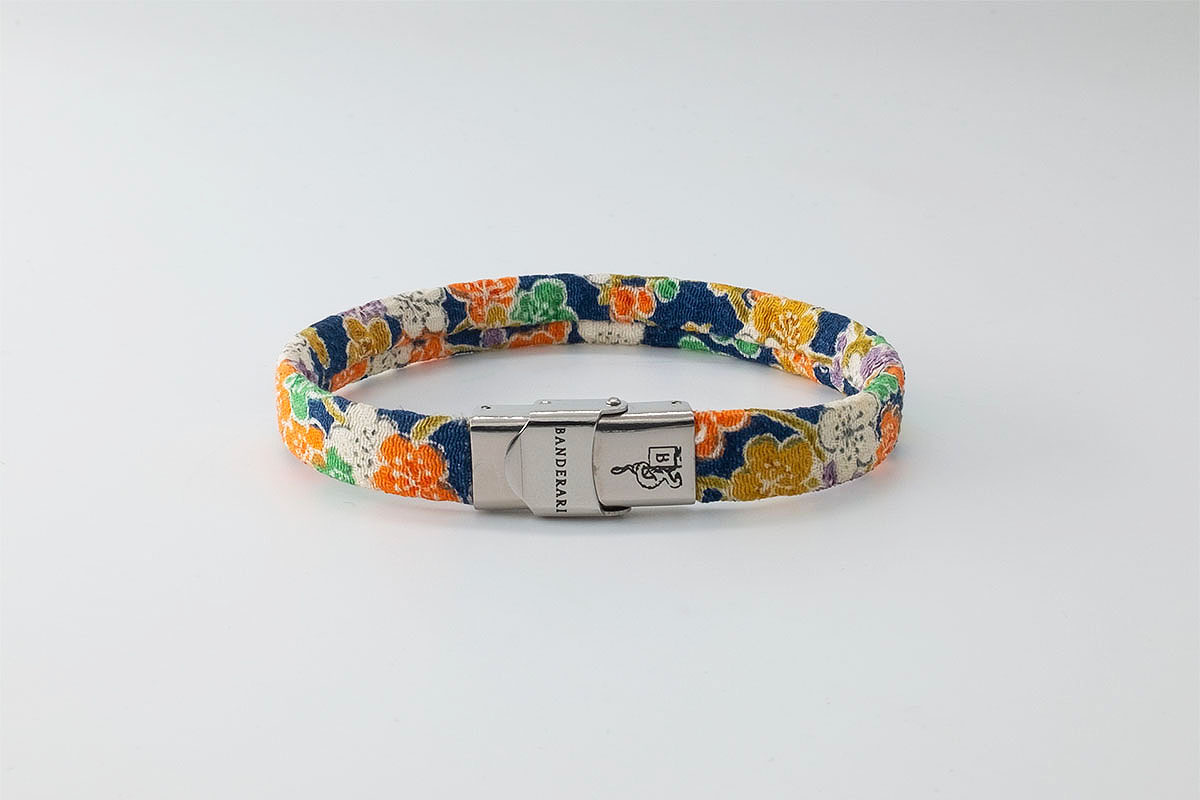 Shibusa B Band Bracelet made with an exclusive Japanese silk blue floral pattern flowers white green orange yellow mustard