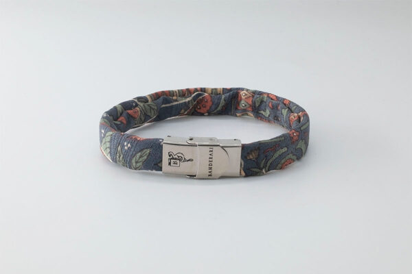 Shibusa B Band Bracelet made with an exclusive Japanese silk gray floral patterned flowers green and pink