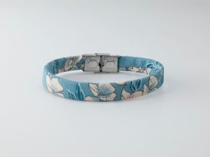 Shibusa B Band Bracelet made with an exclusive blue Japanese silk floral flowers white blue and pink