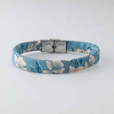 Shibusa B Band Bracelet made with an exclusive blue Japanese silk floral flowers white blue and pink