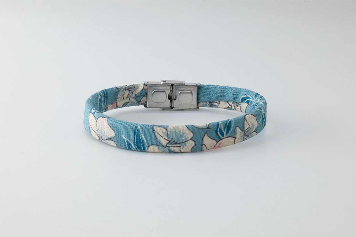 Shibusa B Band Bracelet made with an exclusive blue Japanese silk floral flowers white blue and pink