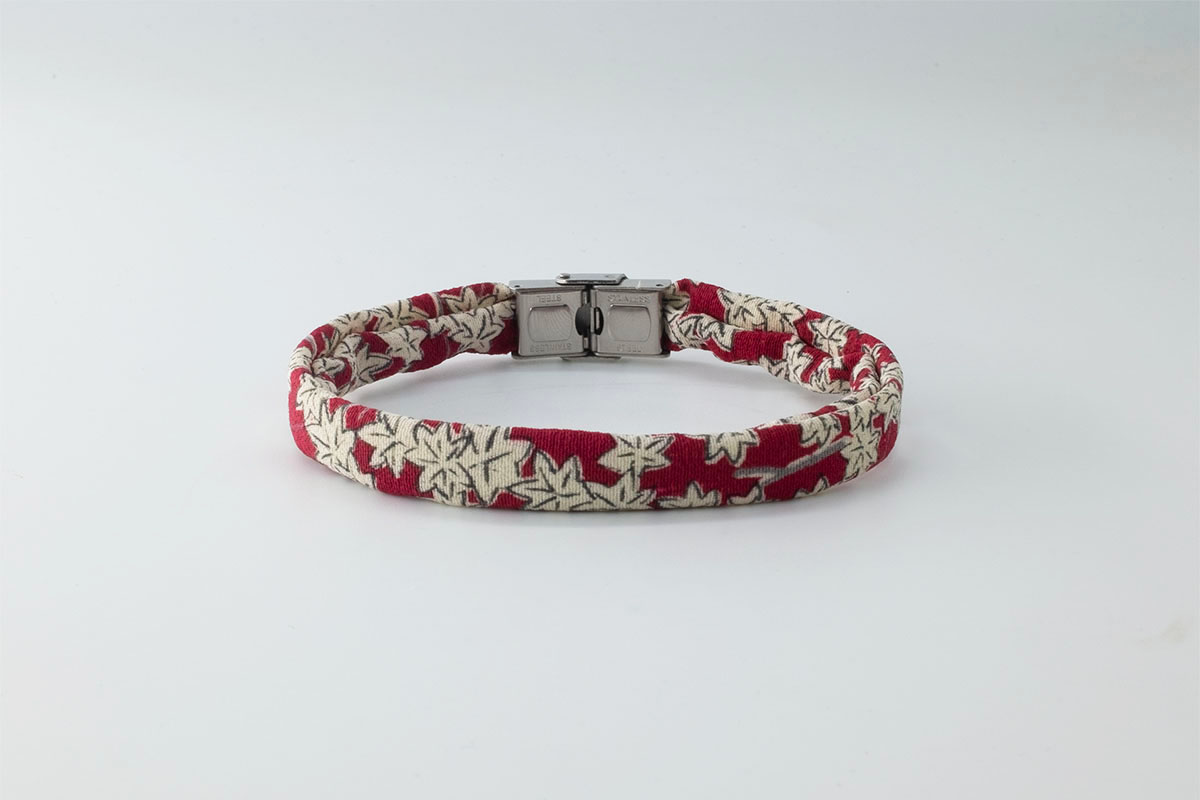 Shibusa B Band Bracelet made with an exclusive red Japanese silk fantasy floral white flowers