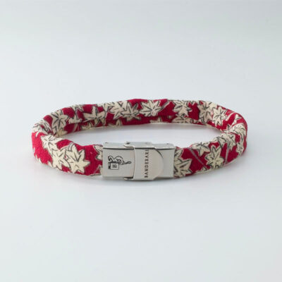 Shibusa B Band Bracelet made with an exclusive red Japanese silk fantasy floral white flowers