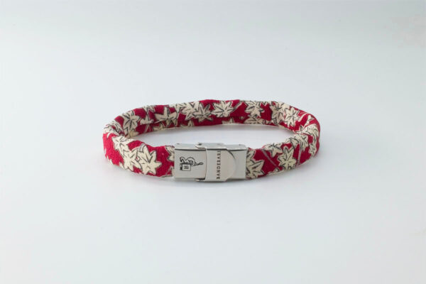 Shibusa B Band Bracelet made with an exclusive red Japanese silk fantasy floral white flowers