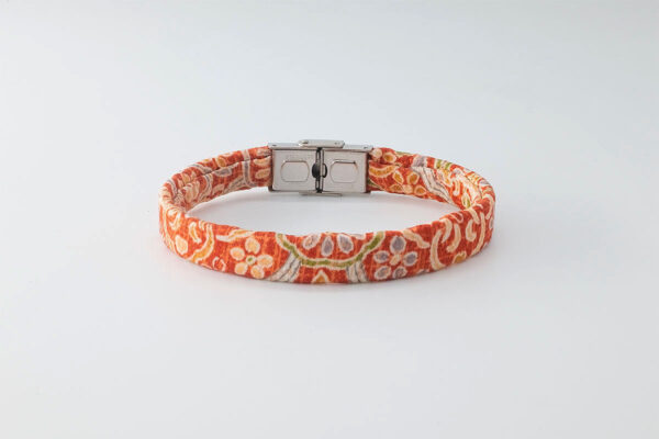 Shibusa B Band Bracelet made with an exclusive Japanese orange silk arabesque floral green and gray mustard