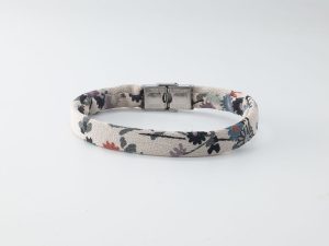 Shibusa B Band Bracelet made with an exclusive Japanese white beige floral silk with red brick flowers green gray