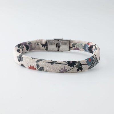 Shibusa B Band Bracelet made with an exclusive Japanese white beige floral silk with red brick flowers green gray