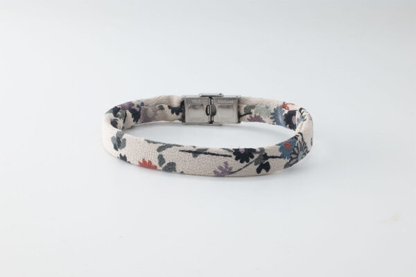 Shibusa B Band Bracelet made with an exclusive Japanese white beige floral silk with red brick flowers green gray