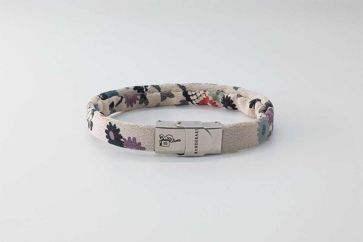 Shibusa B Band Bracelet made with an exclusive Japanese white beige floral silk with red brick flowers green gray