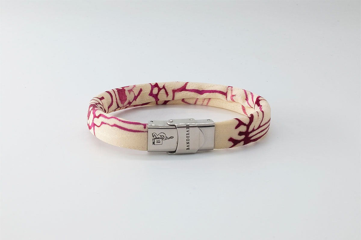 Shibusa B Band Bracelet made with an exclusive white Japanese silk ivory landscape red burgundy fuchsia