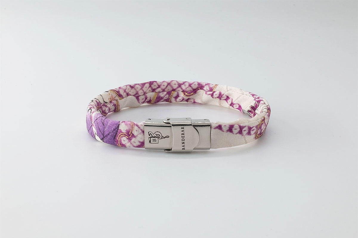 Shibusa B Band Bracelet made with an exclusive white Japanese silk ivory landscape purple gold fuchsia